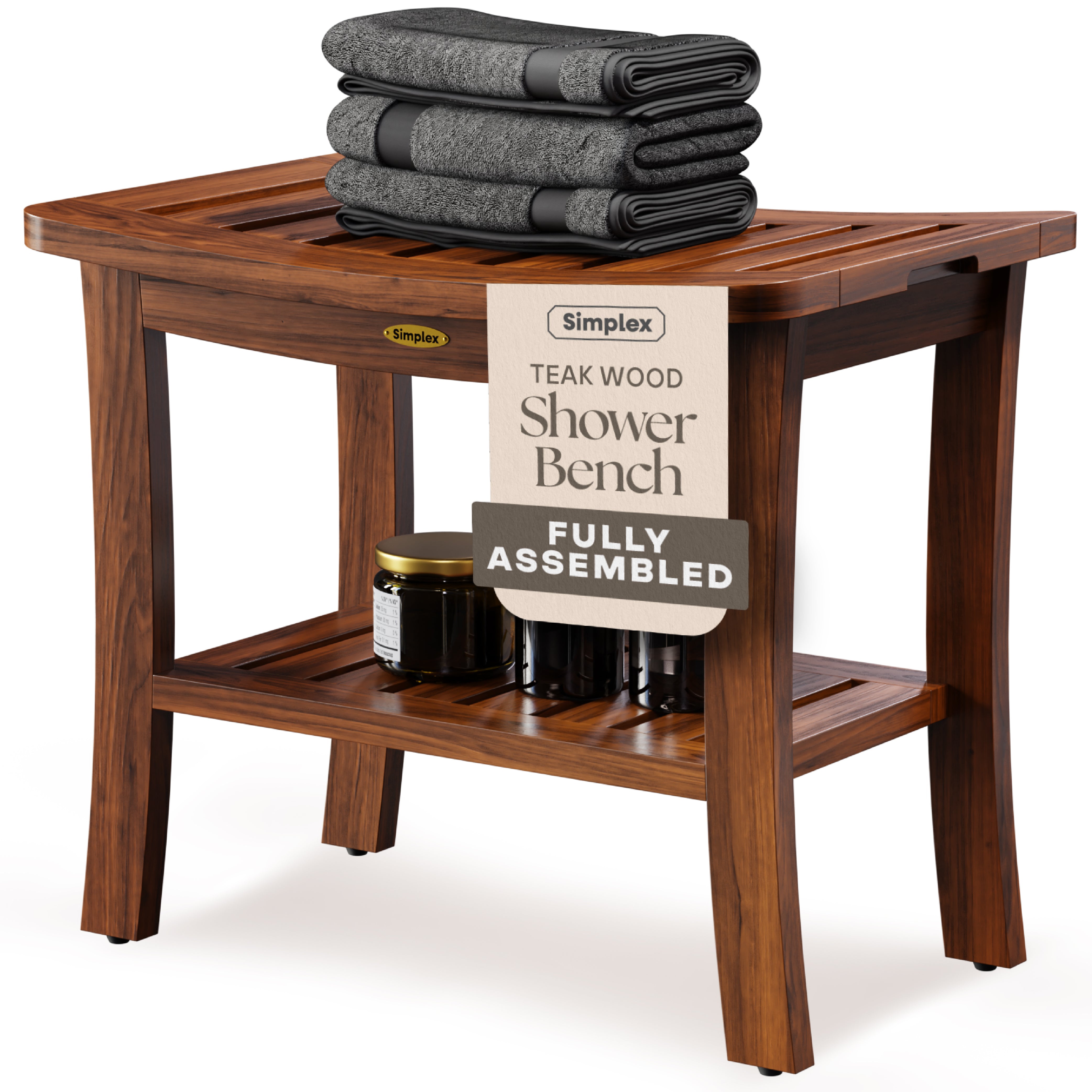 Teak Shower Bench, Fully Assembled Shower Stool