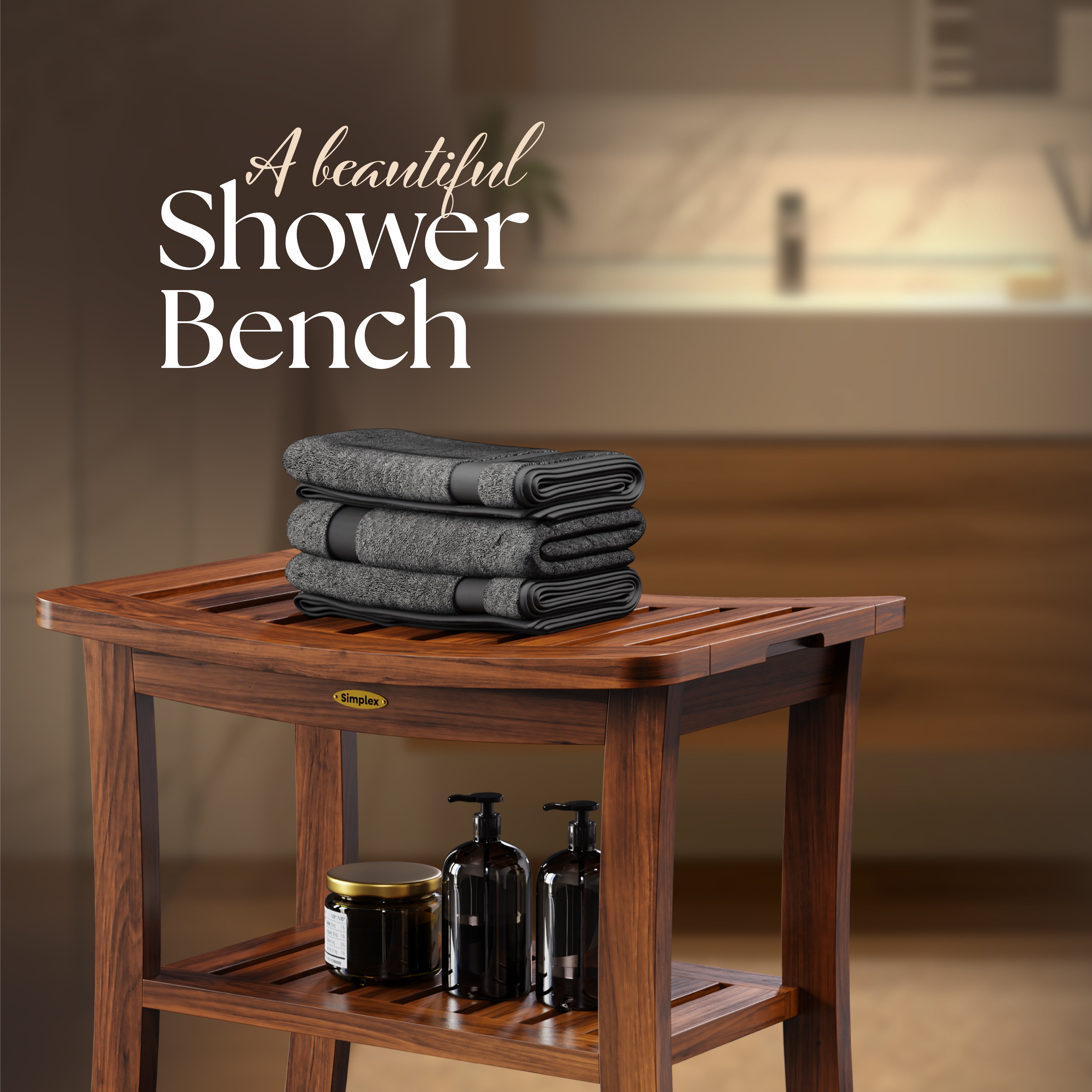 Teak Shower Bench, Fully Assembled Shower Stool