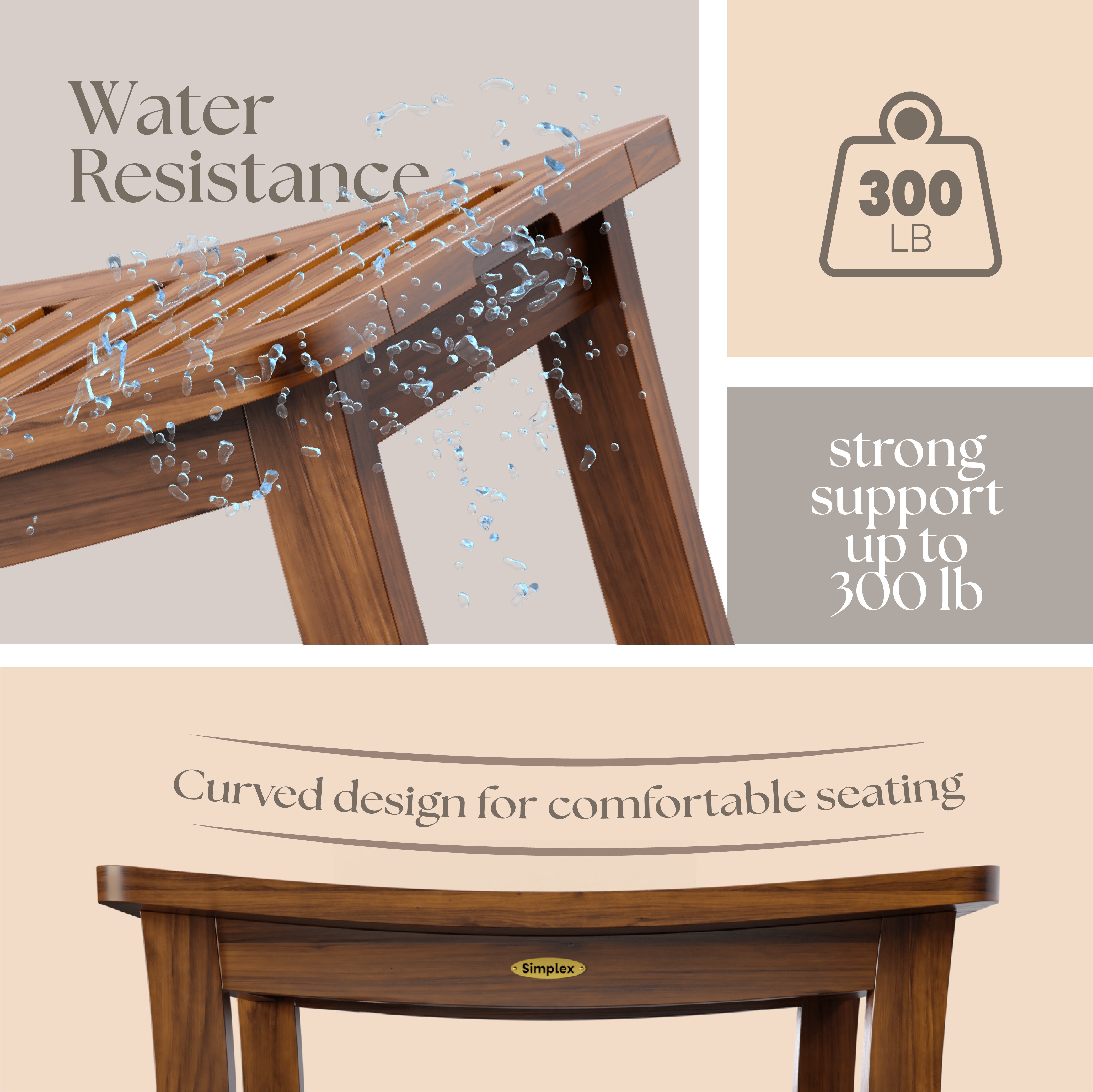 Teak Shower Bench, Fully Assembled Shower Stool