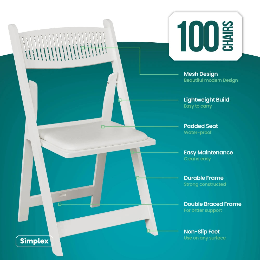 SIMPLEX White Stackable Folding Chairs, with Padded Seat & Mesh Back