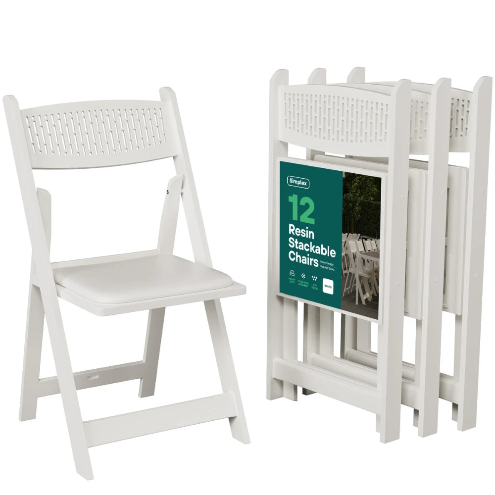 SIMPLEX White Stackable Folding Chairs, with Padded Seat & Mesh Back