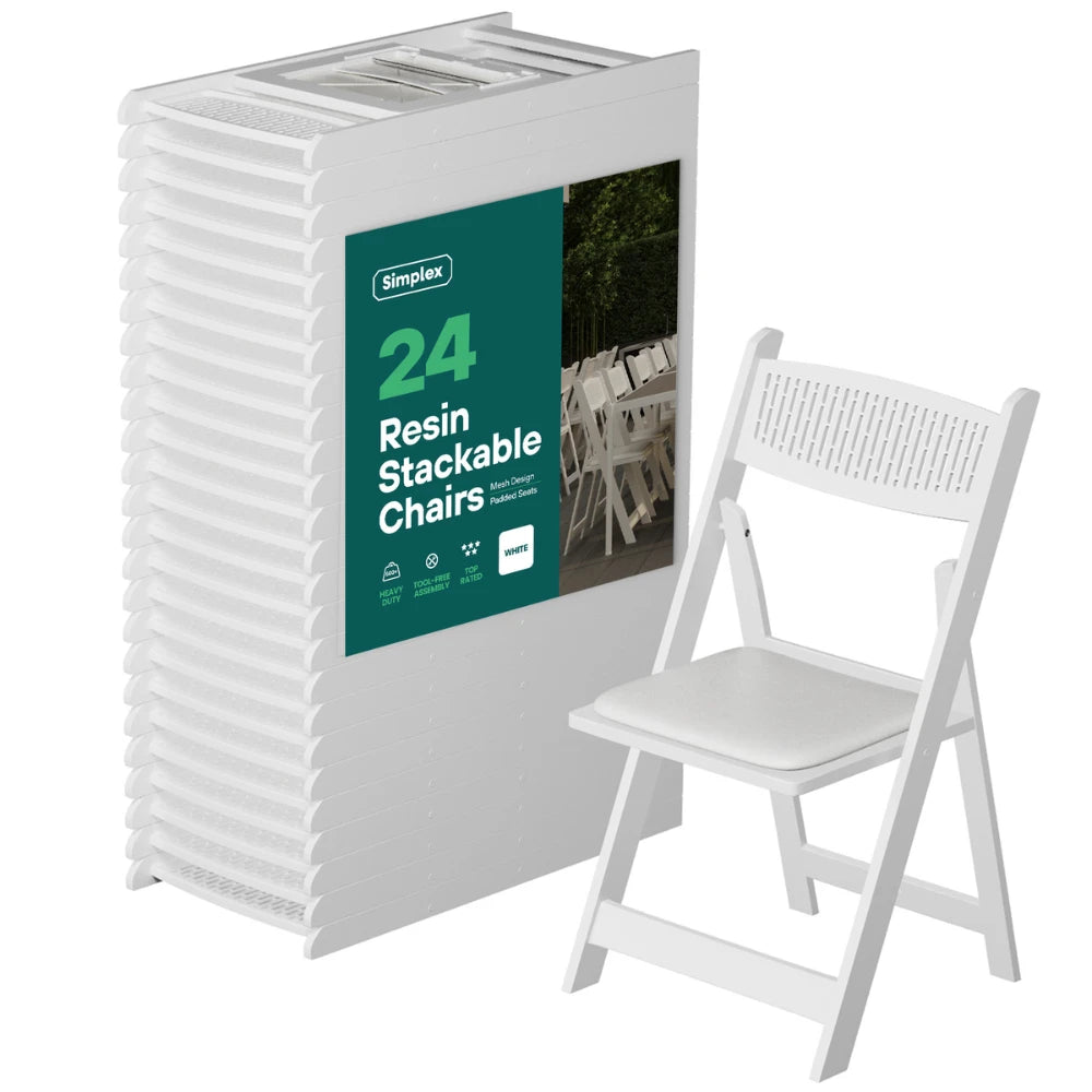 SIMPLEX White Stackable Folding Chairs, with Padded Seat & Mesh Back