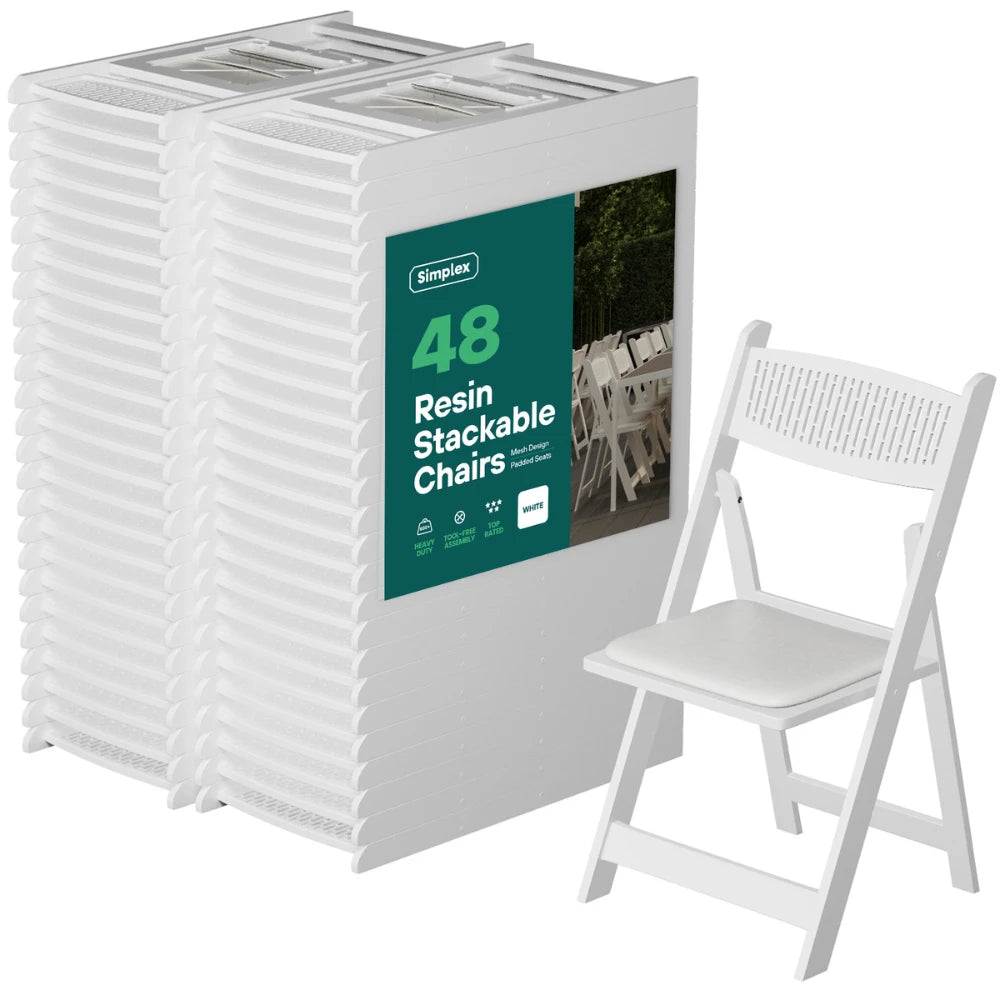 SIMPLEX White Stackable Folding Chairs, with Padded Seat & Mesh Back