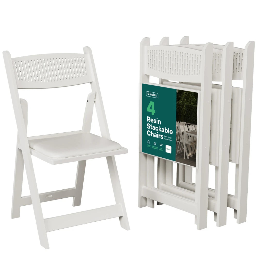 SIMPLEX White Stackable Folding Chairs, with Padded Seat & Mesh Back