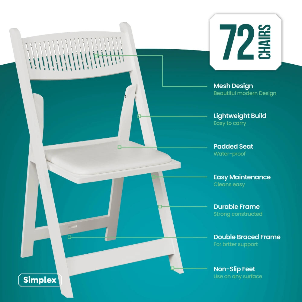 SIMPLEX White Stackable Folding Chairs, with Padded Seat & Mesh Back