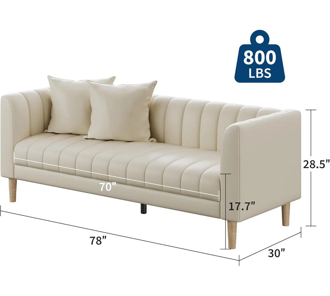 Faux Leather Sofa Couch, Modern 78" W Sofa with Deep Seats, 3 Seater Sofa Couch with 2 Throw Pillows and Wood Legs, Easy Assembly, for Living Room, Bedroom