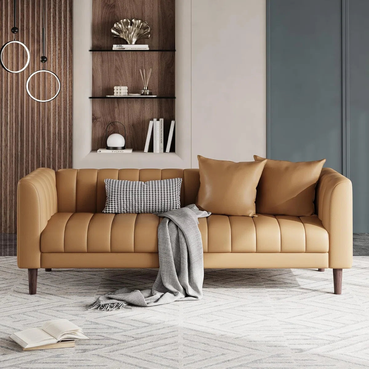 Faux Leather Sofa Couch, Modern 78" W Sofa with Deep Seats, 3 Seater Sofa Couch with 2 Throw Pillows and Wood Legs, Easy Assembly, for Living Room, Bedroom