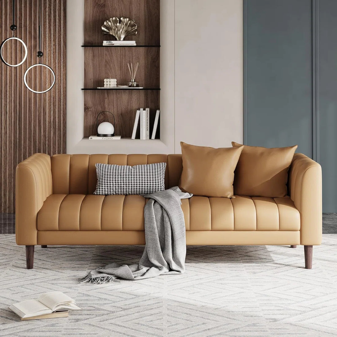 Faux Leather Sofa Couch, Modern 78" W Sofa with Deep Seats, 3 Seater Sofa Couch with 2 Throw Pillows and Wood Legs, Easy Assembly, for Living Room, Bedroom