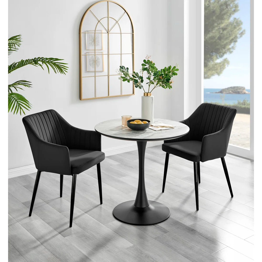 White Marble Effect Round Dining Table And 2 Luxury Velvet Dining Chairs
